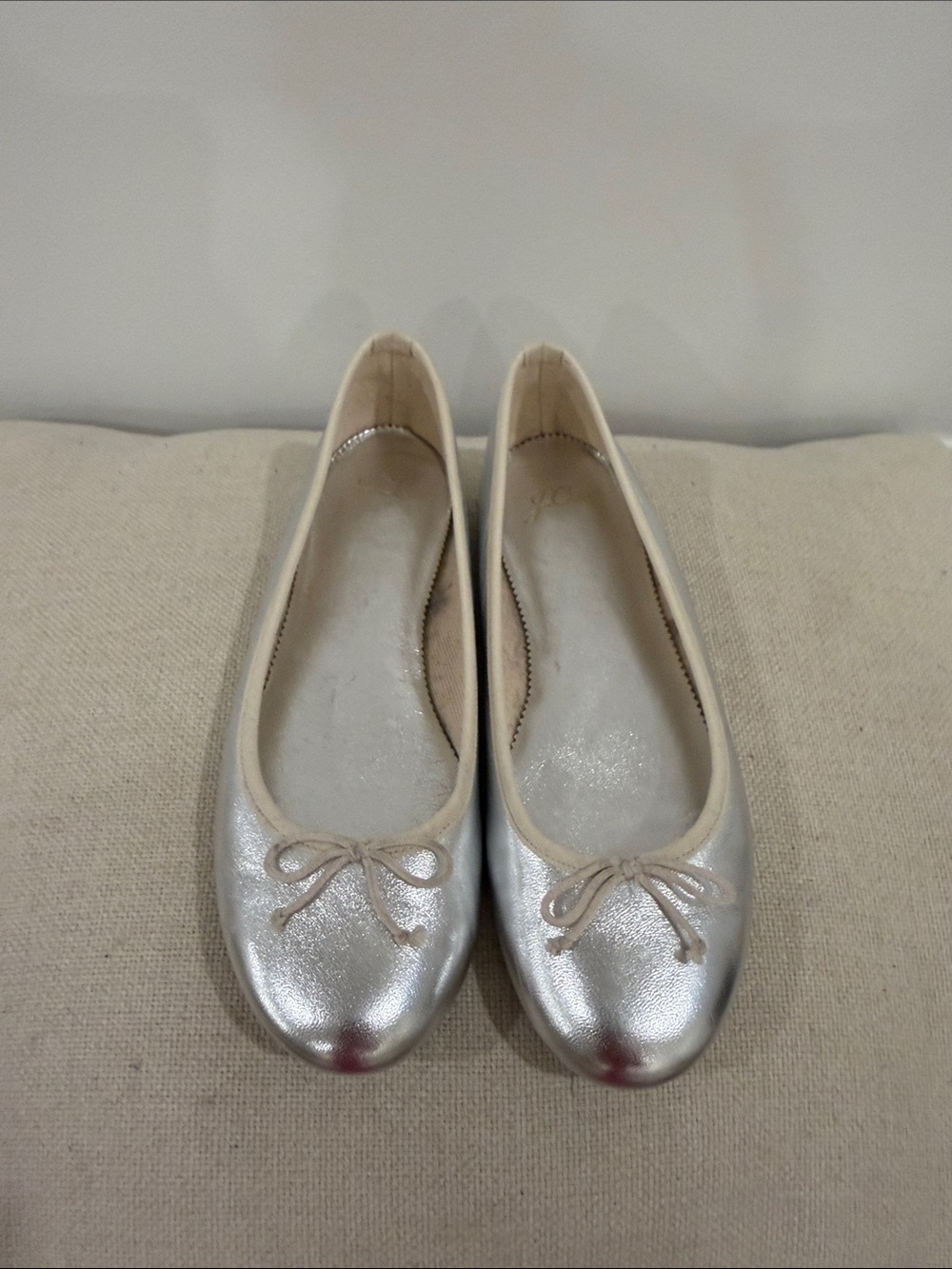 J. Crew Metallic Silver Ballet Flats with Bow Trim